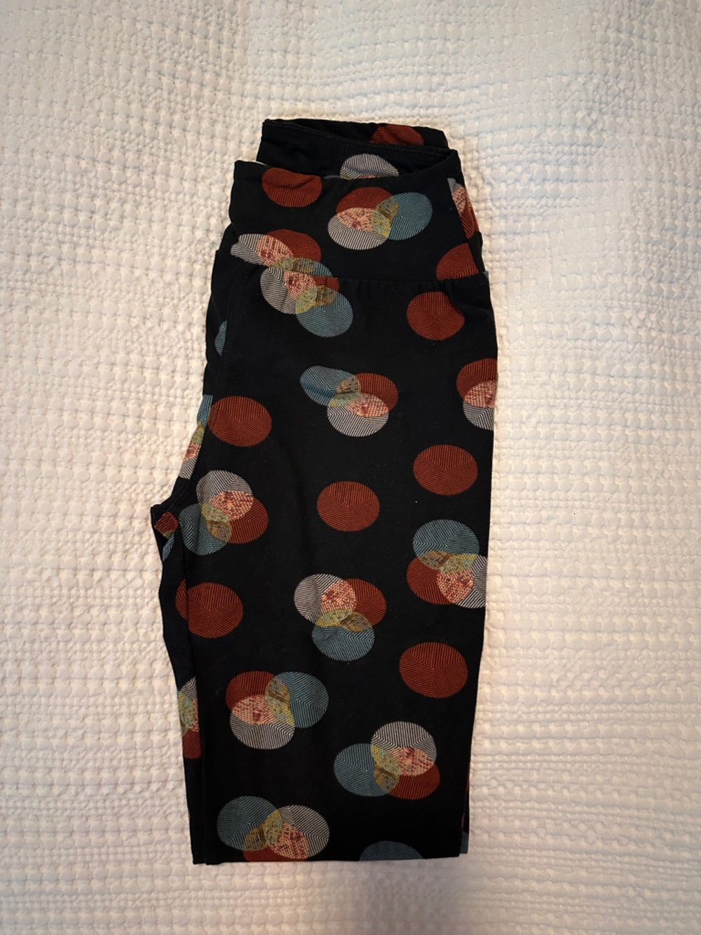 LuLaRoe Black Leggings with Rust Red and Light Blue Dot Pattern